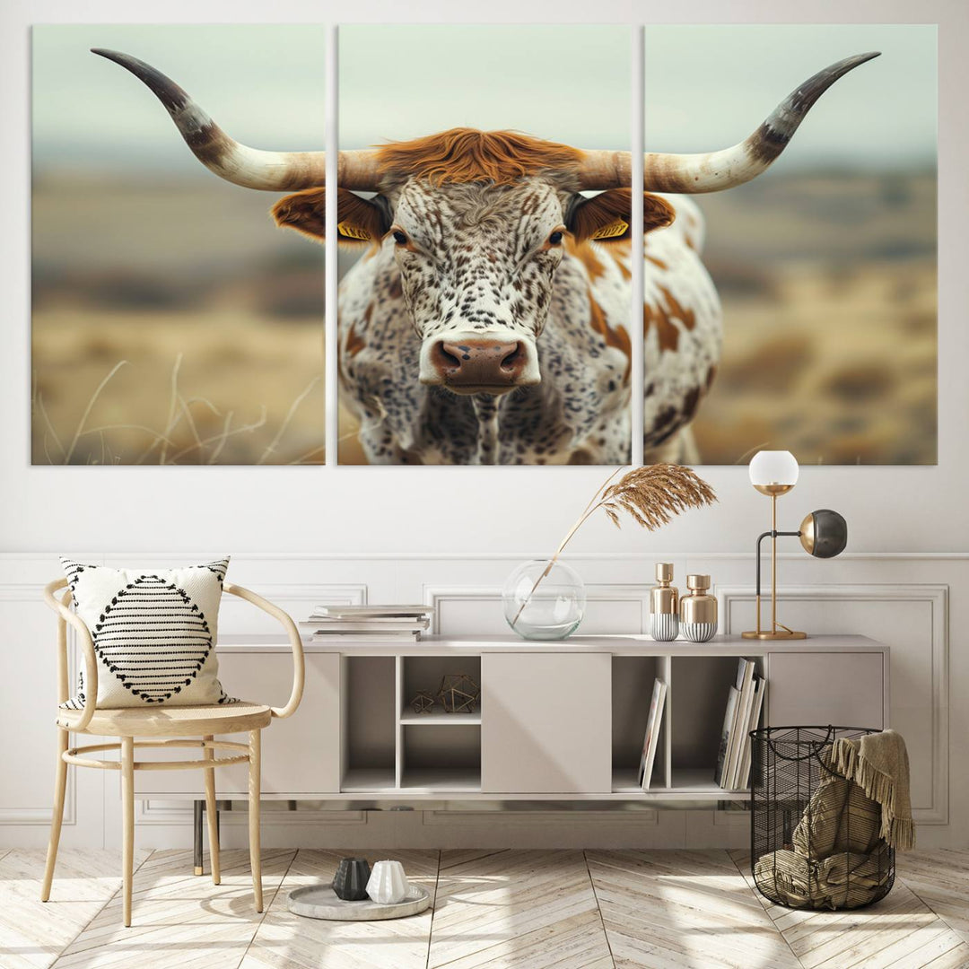 Texas Cow Longhorn Wall Art Canvas Print for Farm House Wall Decor, Farmhouse Wall Art Print