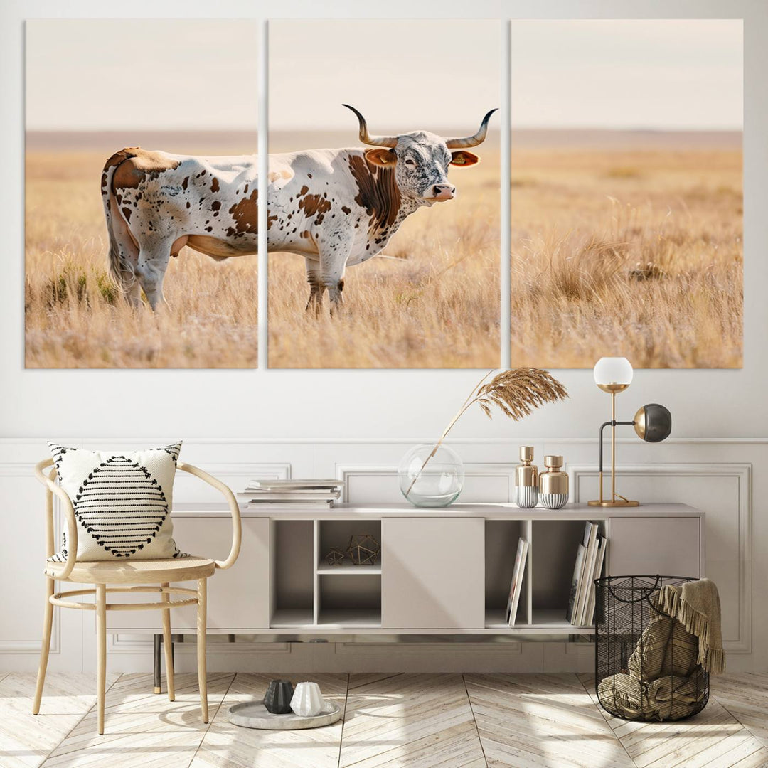 Texas Cow Longhorn Wall Art Canvas Print for Farm House Wall Decor, Farmhouse Wall Art Print