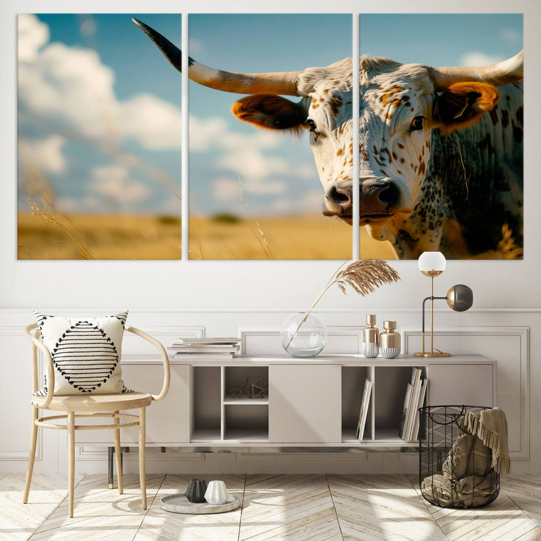 Texas Cow Longhorn Wall Art Canvas Print for Farm House Wall Decor, Farmhouse Wall Art Print