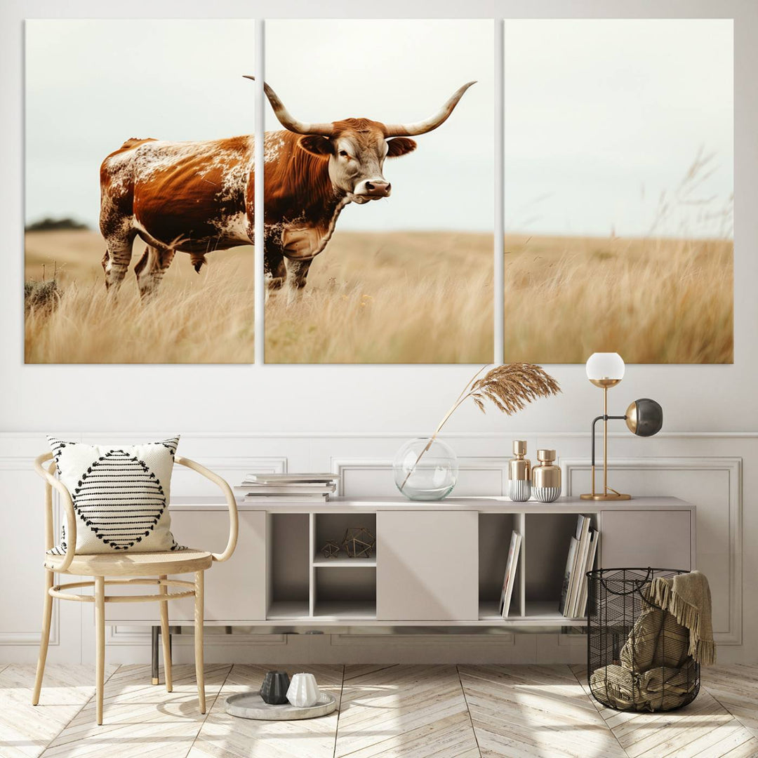 Texas Cow Longhorn Wall Art Canvas Print for Farm House Wall Decor, Farmhouse Wall Art Print