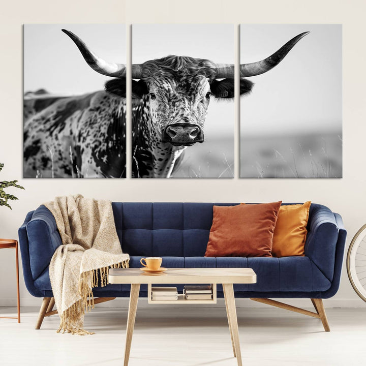 Texas Cow Longhorn Wall Art Canvas Print for Farm House Wall Decor, Farmhouse Wall Art Print