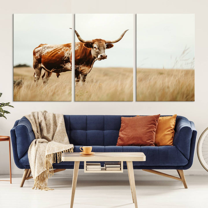 Texas Cow Longhorn Wall Art Canvas Print for Farm House Wall Decor, Farmhouse Wall Art Print