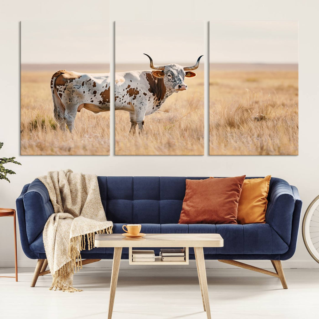 Texas Cow Longhorn Wall Art Canvas Print for Farm House Wall Decor, Farmhouse Wall Art Print