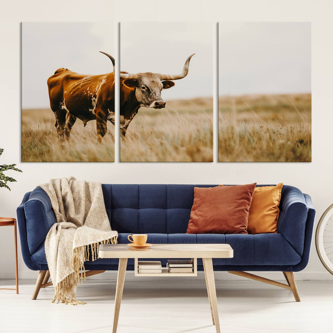 Texas Cow Longhorn Wall Art Canvas Print for Farm House Wall Decor, Farmhouse Wall Art Print