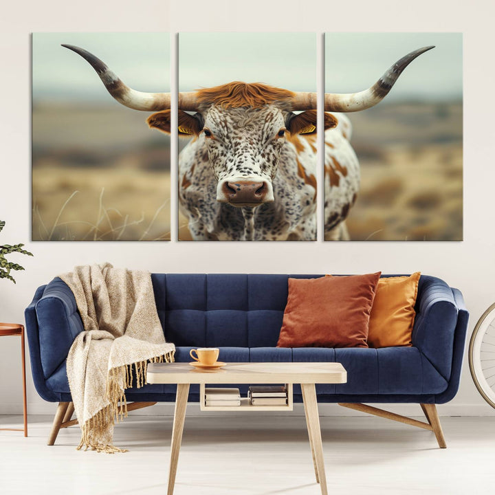 Texas Cow Longhorn Wall Art Canvas Print for Farm House Wall Decor, Farmhouse Wall Art Print