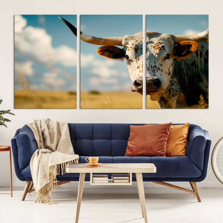 Texas Cow Longhorn Wall Art Canvas Print for Farm House Wall Decor, Farmhouse Wall Art Print