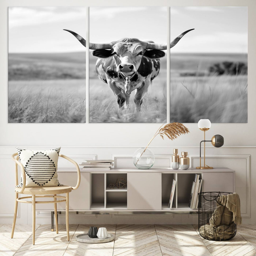 Texas Cow Longhorn Wall Art Canvas Print for Farm House Wall Decor, Farmhouse Wall Art Print