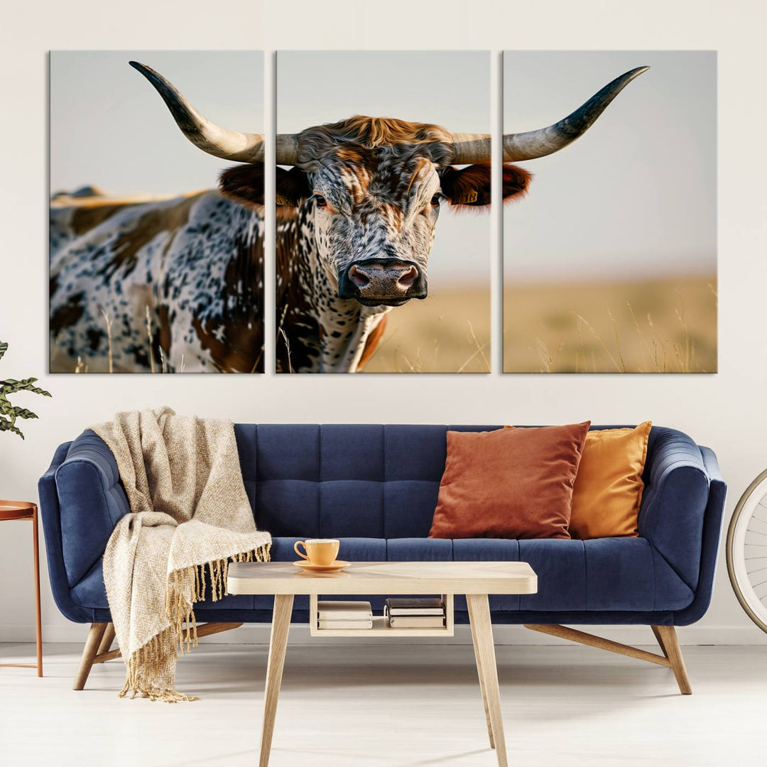 Texas Cow Longhorn Wall Art Canvas Print for Farm House Wall Decor, Farmhouse Wall Art Print