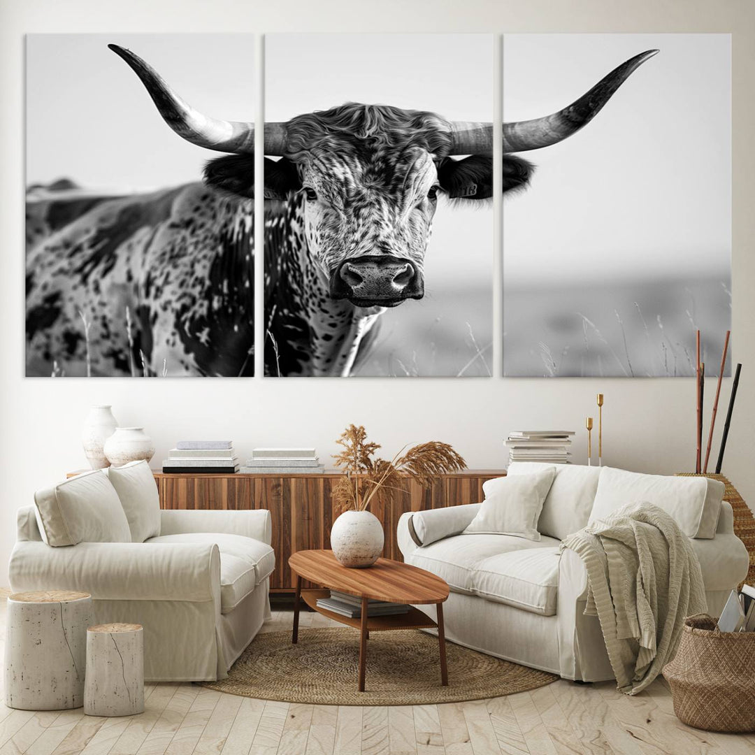 Texas Cow Longhorn Wall Art Canvas Print for Farm House Wall Decor, Farmhouse Wall Art Print