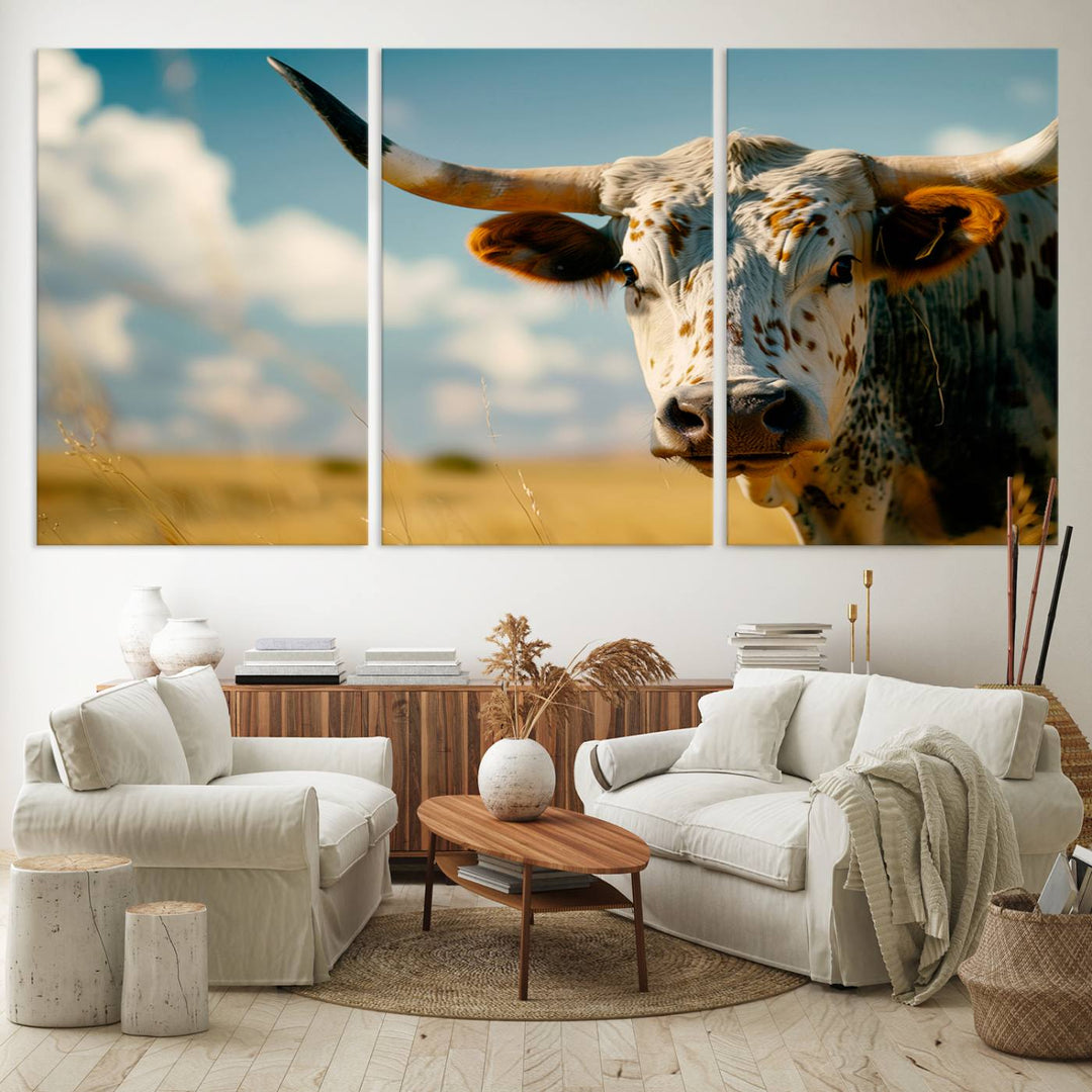 Texas Cow Longhorn Wall Art Canvas Print for Farm House Wall Decor, Farmhouse Wall Art Print