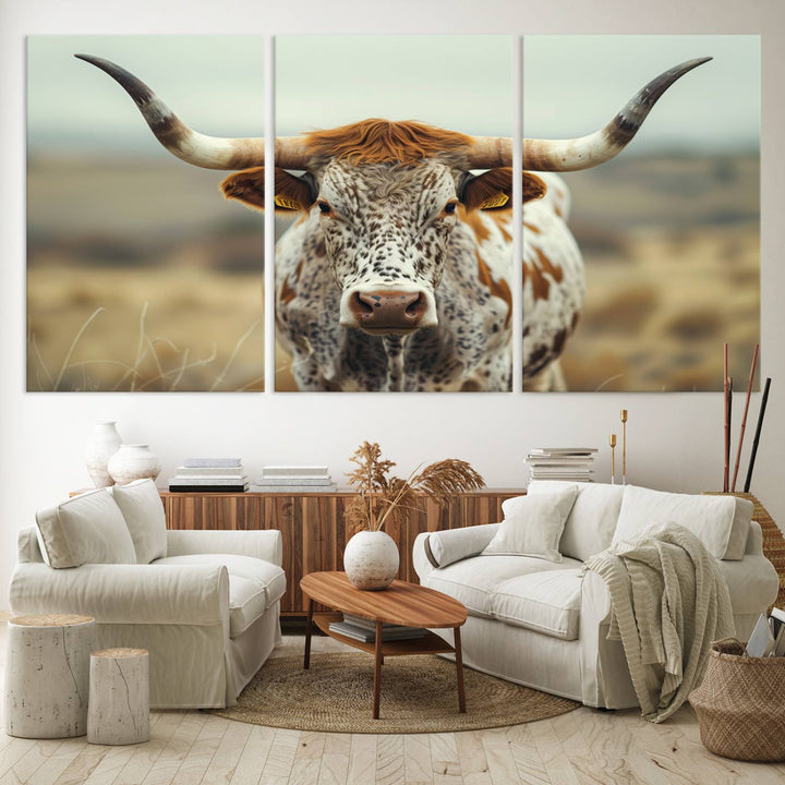 Texas Cow Longhorn Wall Art Canvas Print for Farm House Wall Decor, Farmhouse Wall Art Print