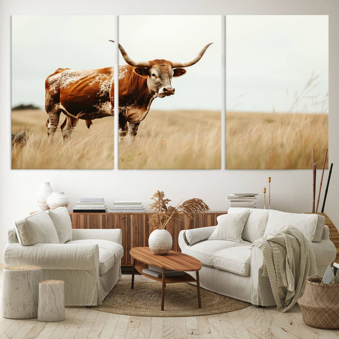 Texas Cow Longhorn Wall Art Canvas Print for Farm House Wall Decor, Farmhouse Wall Art Print