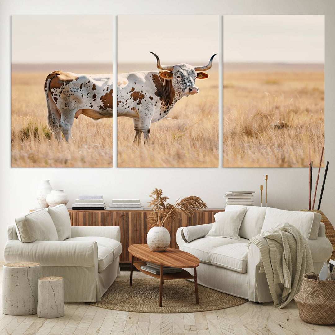 Texas Cow Longhorn Wall Art Canvas Print for Farm House Wall Decor, Farmhouse Wall Art Print