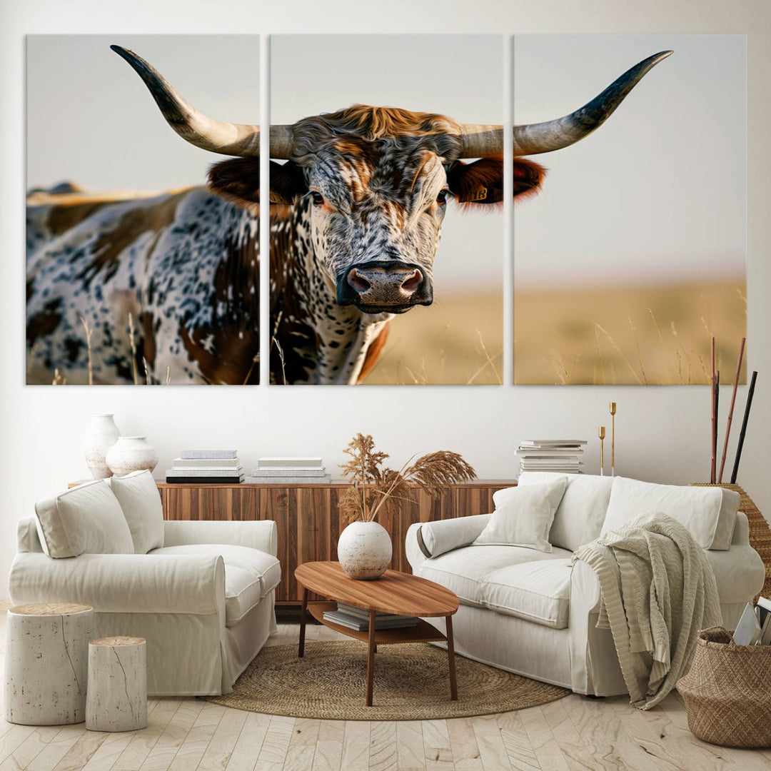 Texas Cow Longhorn Wall Art Canvas Print for Farm House Wall Decor, Farmhouse Wall Art Print