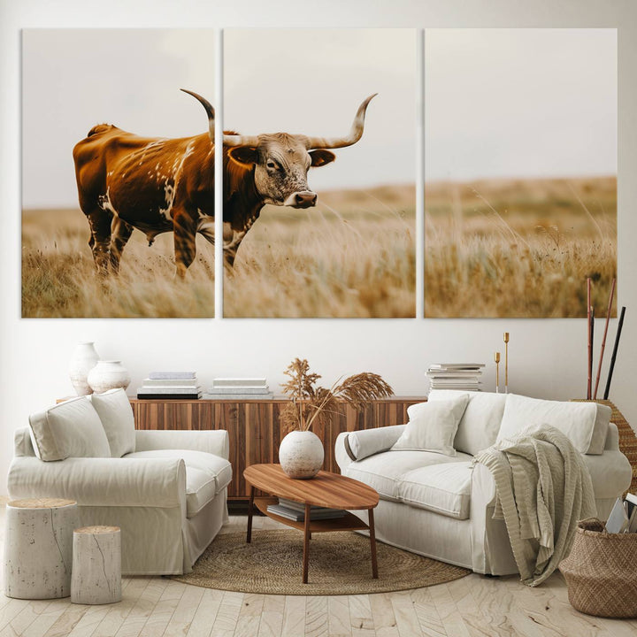 Texas Cow Longhorn Wall Art Canvas Print for Farm House Wall Decor, Farmhouse Wall Art Print