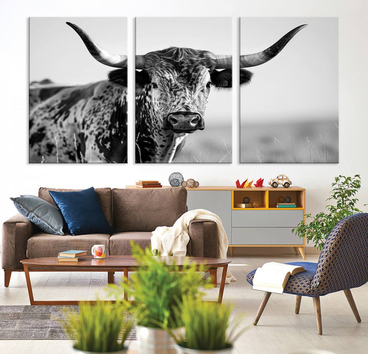 Texas Cow Longhorn Wall Art Canvas Print for Farm House Wall Decor, Farmhouse Wall Art Print