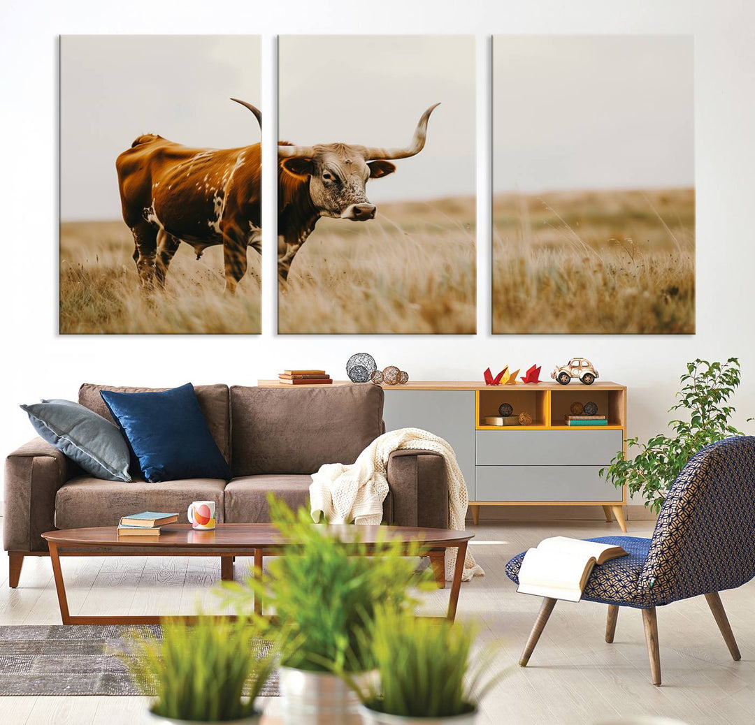 Texas Cow Longhorn Wall Art Canvas Print for Farm House Wall Decor, Farmhouse Wall Art Print