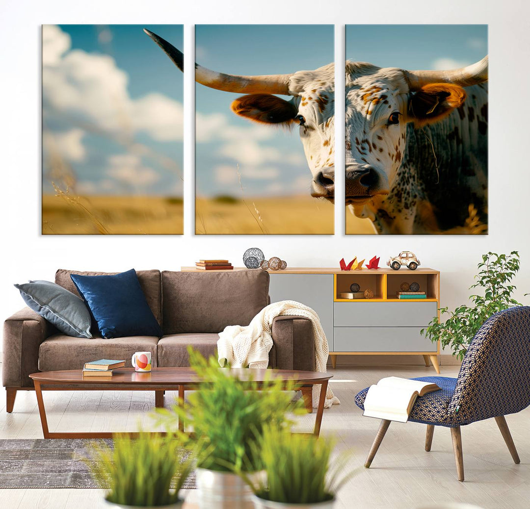 Texas Cow Longhorn Wall Art Canvas Print for Farm House Wall Decor, Farmhouse Wall Art Print