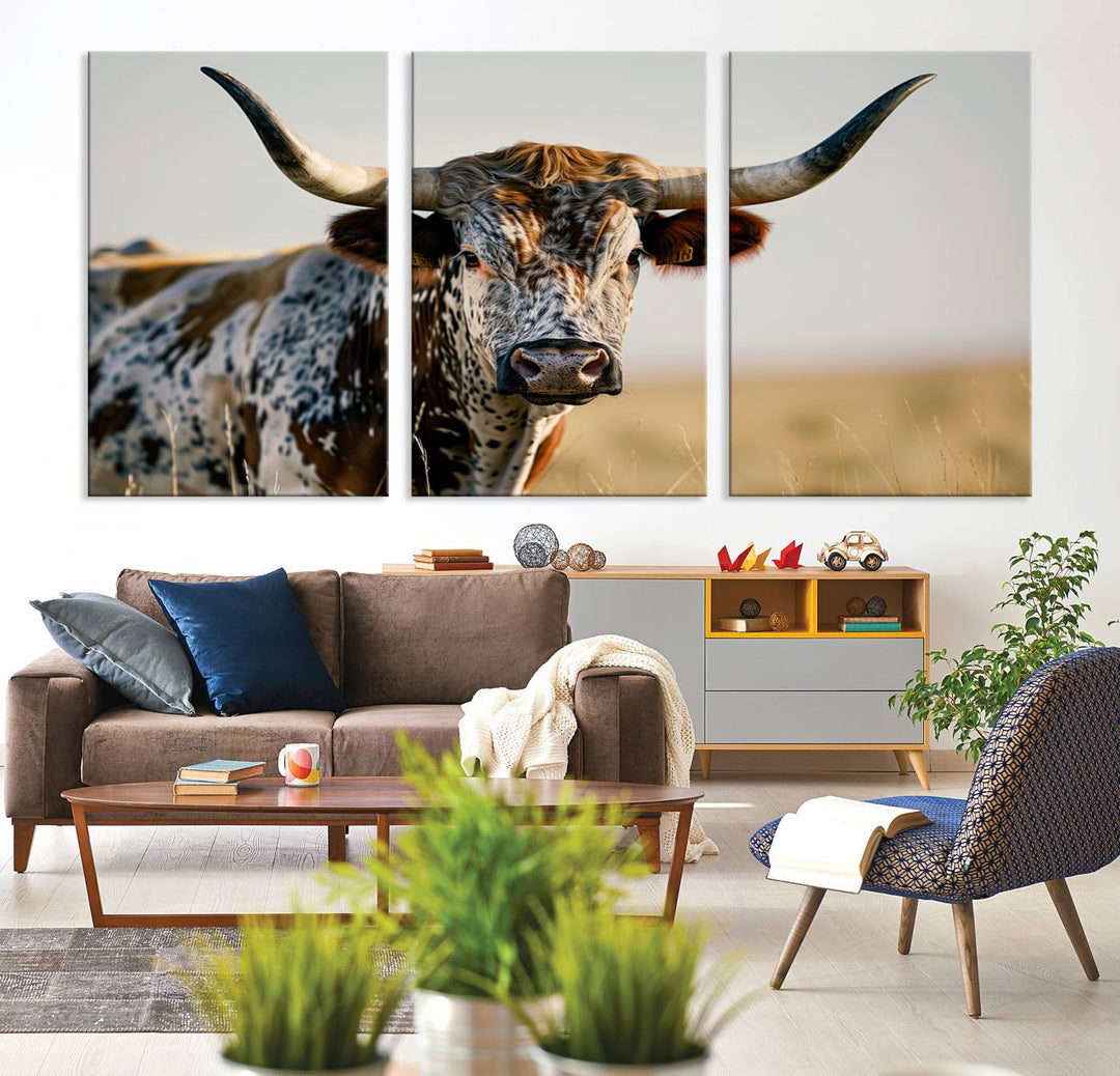 Texas Cow Longhorn Wall Art Canvas Print for Farm House Wall Decor, Farmhouse Wall Art Print