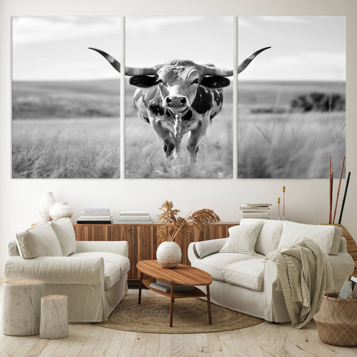 Texas Cow Longhorn Wall Art Canvas Print for Farm House Wall Decor, Farmhouse Wall Art Print