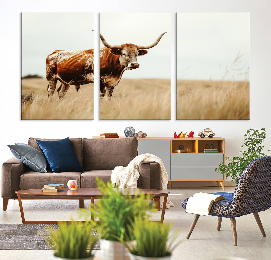 Texas Cow Longhorn Wall Art Canvas Print for Farm House Wall Decor, Farmhouse Wall Art Print