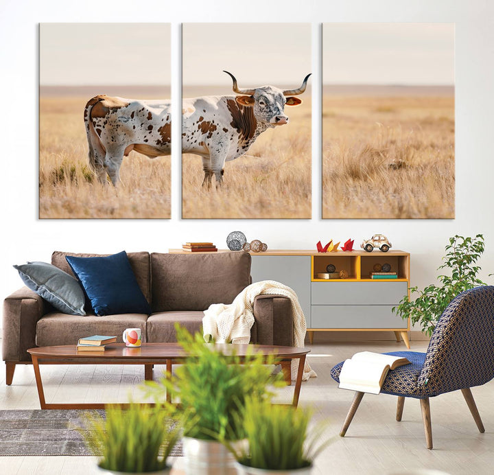 Texas Cow Longhorn Wall Art Canvas Print for Farm House Wall Decor, Farmhouse Wall Art Print