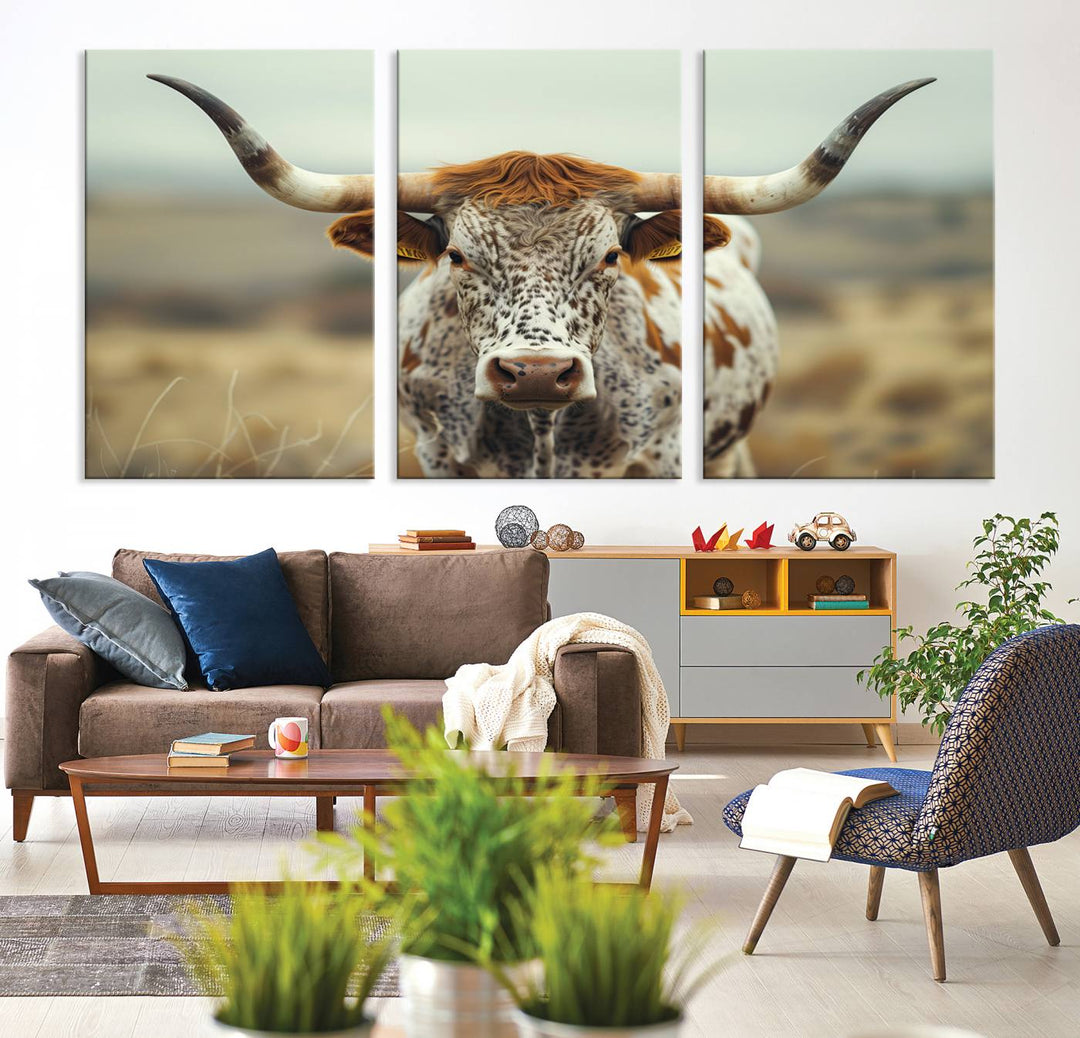 Texas Cow Longhorn Wall Art Canvas Print for Farm House Wall Decor, Farmhouse Wall Art Print