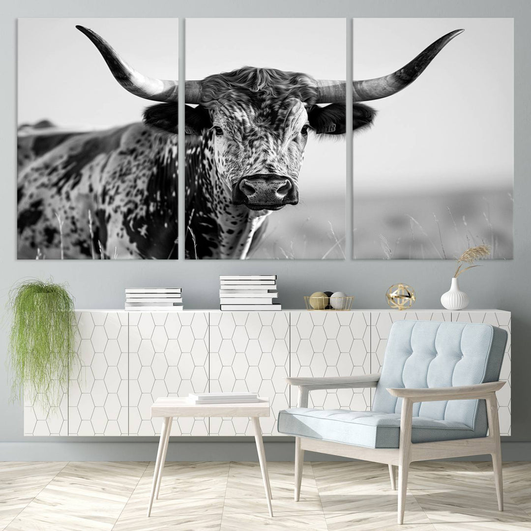 Texas Cow Longhorn Wall Art Canvas Print for Farm House Wall Decor, Farmhouse Wall Art Print