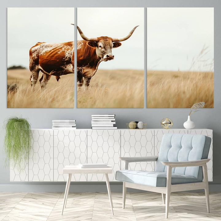 Texas Cow Longhorn Wall Art Canvas Print for Farm House Wall Decor, Farmhouse Wall Art Print