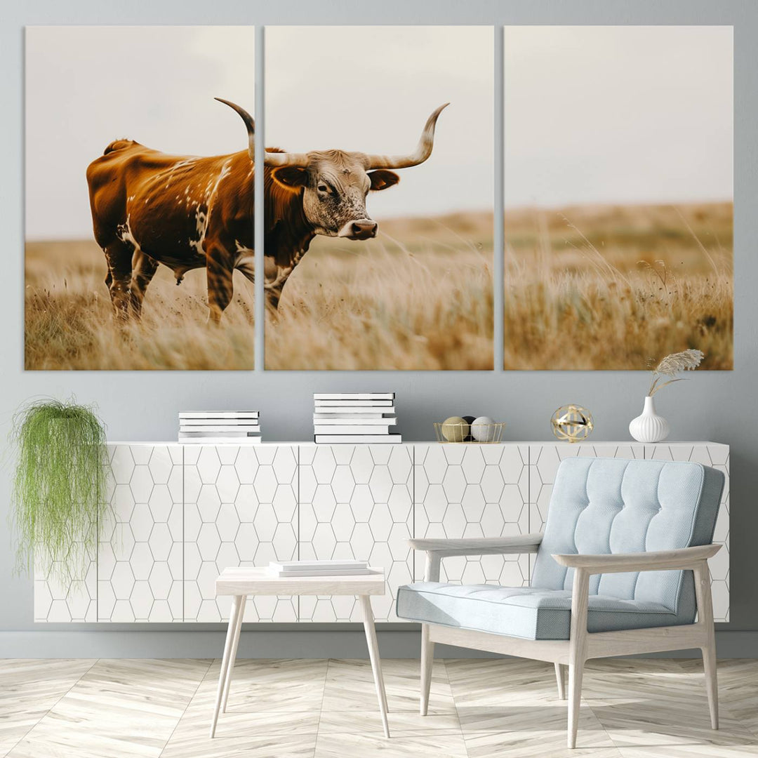 Texas Cow Longhorn Wall Art Canvas Print for Farm House Wall Decor, Farmhouse Wall Art Print