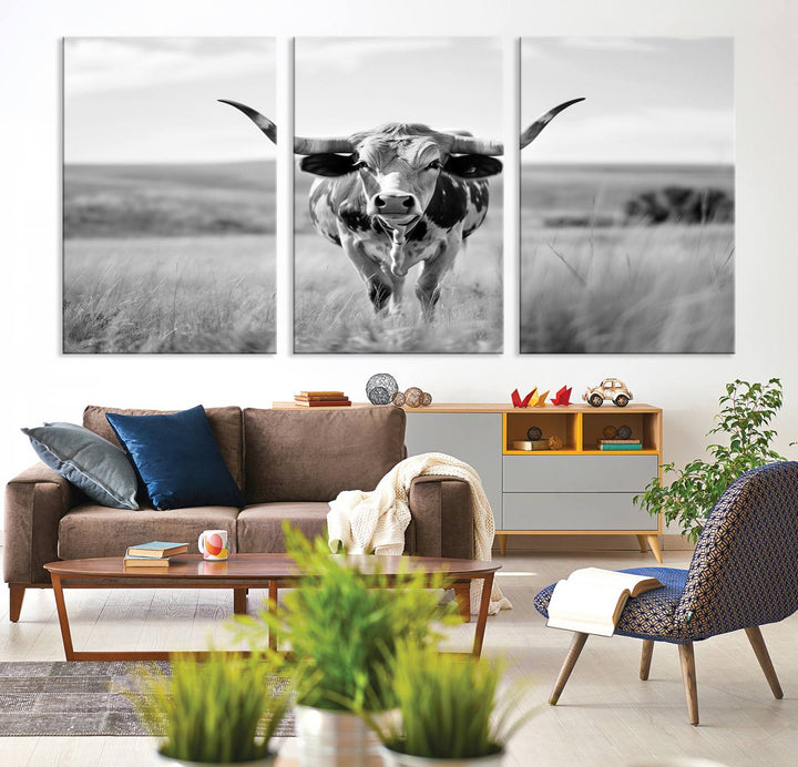 Texas Cow Longhorn Wall Art Canvas Print for Farm House Wall Decor, Farmhouse Wall Art Print