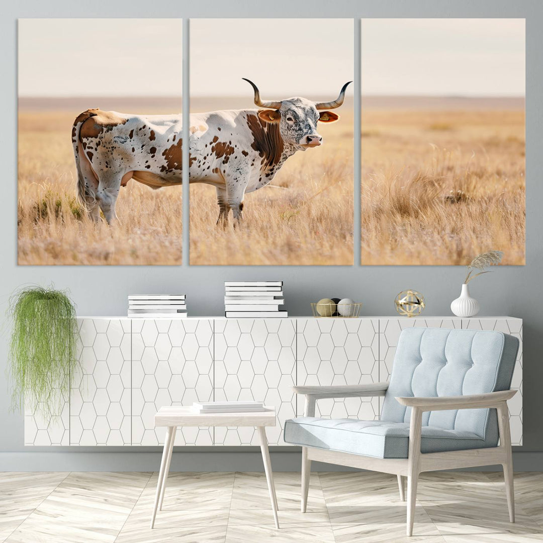 Texas Cow Longhorn Wall Art Canvas Print for Farm House Wall Decor, Farmhouse Wall Art Print