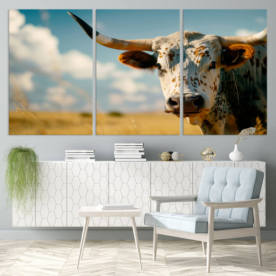 Texas Cow Longhorn Wall Art Canvas Print for Farm House Wall Decor, Farmhouse Wall Art Print