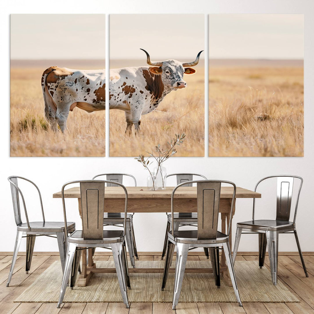 Texas Cow Longhorn Wall Art Canvas Print for Farm House Wall Decor, Farmhouse Wall Art Print