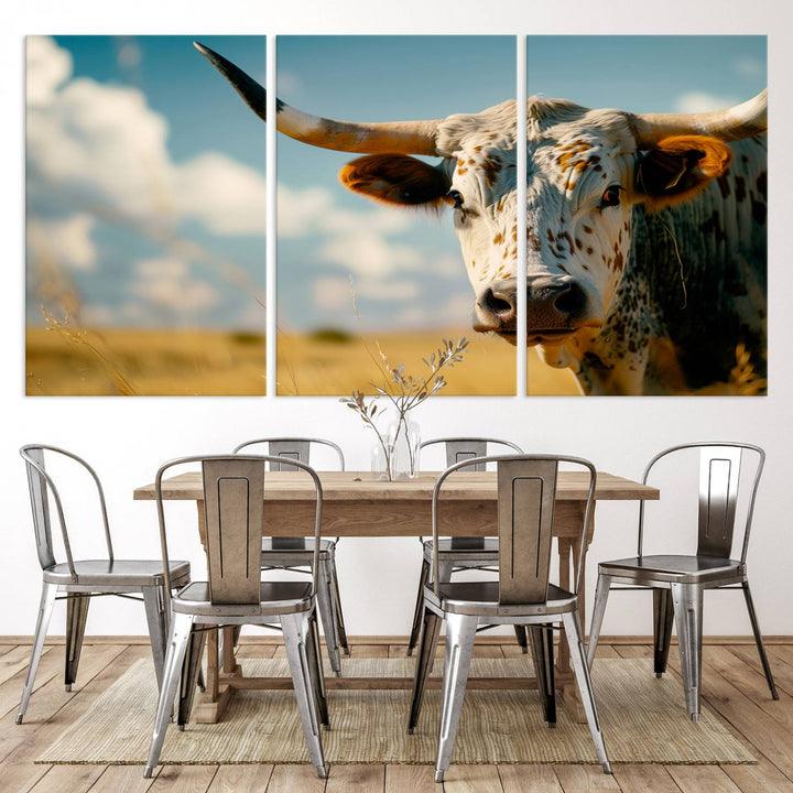 Texas Cow Longhorn Wall Art Canvas Print for Farm House Wall Decor, Farmhouse Wall Art Print