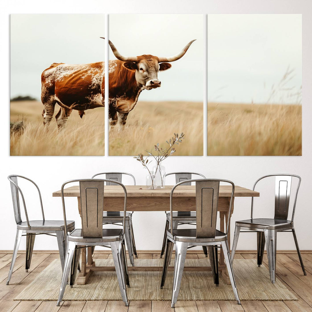 Texas Cow Longhorn Wall Art Canvas Print for Farm House Wall Decor, Farmhouse Wall Art Print