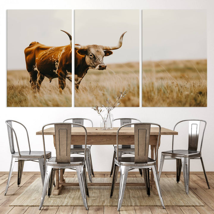 Texas Cow Longhorn Wall Art Canvas Print for Farm House Wall Decor, Farmhouse Wall Art Print