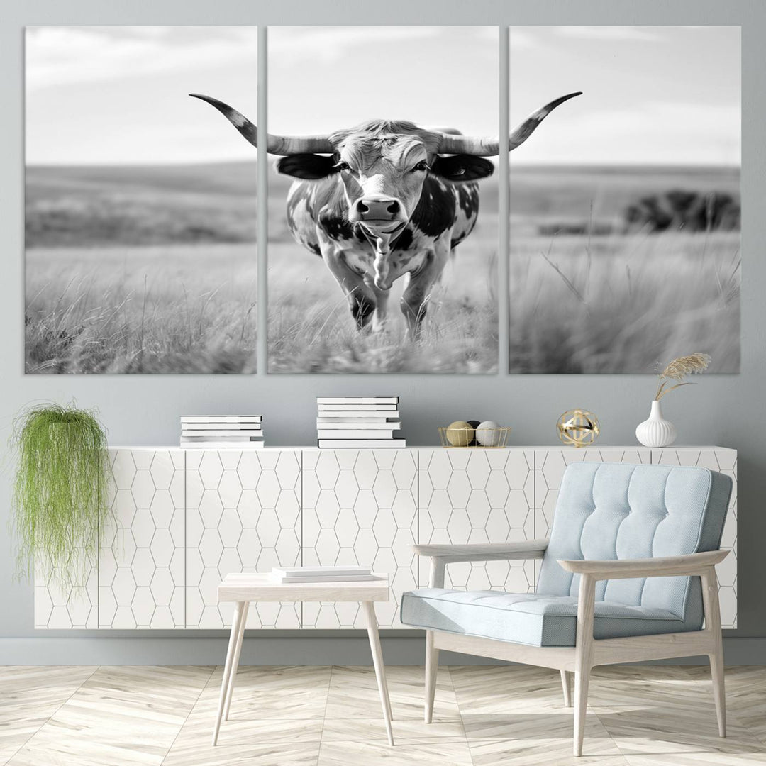 Texas Cow Longhorn Wall Art Canvas Print for Farm House Wall Decor, Farmhouse Wall Art Print