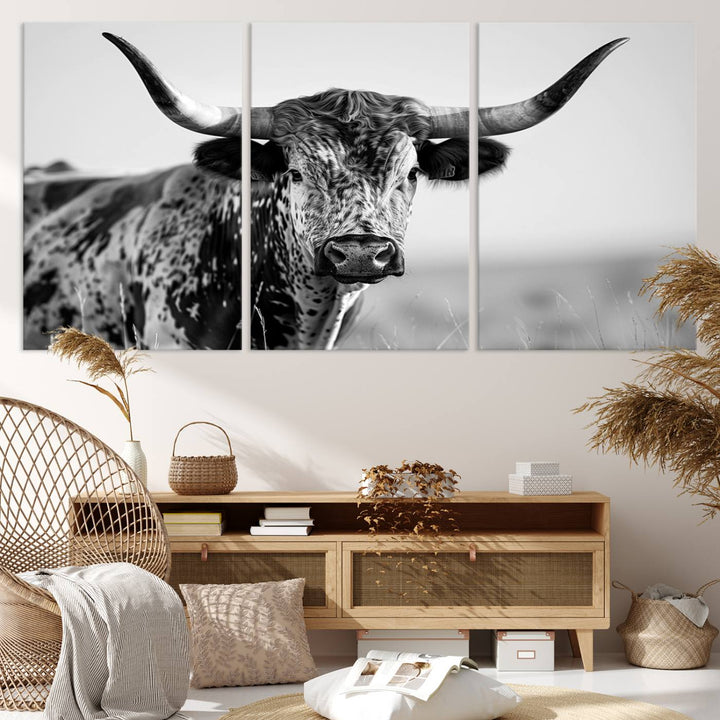 Texas Cow Longhorn Wall Art Canvas Print for Farm House Wall Decor, Farmhouse Wall Art Print