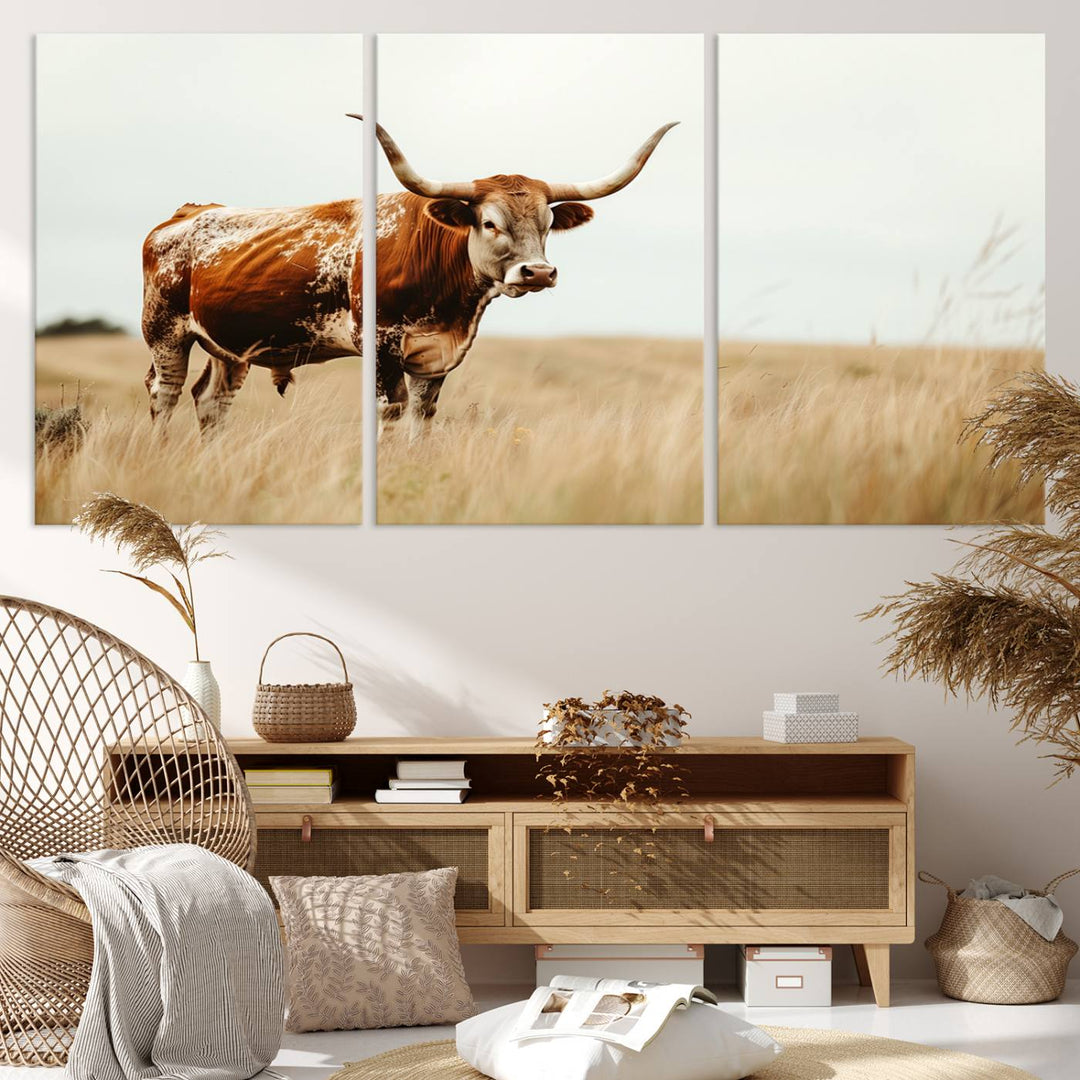 Texas Cow Longhorn Wall Art Canvas Print for Farm House Wall Decor, Farmhouse Wall Art Print