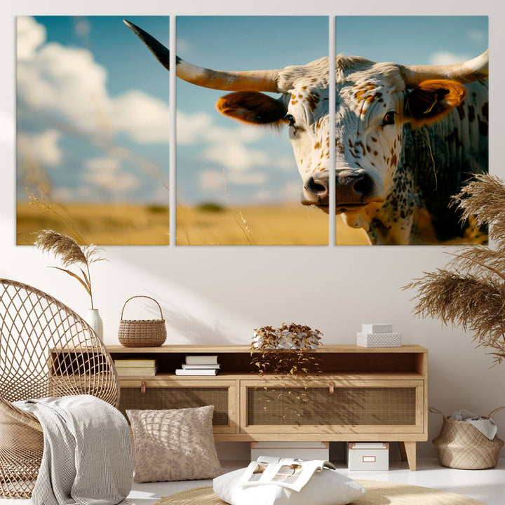 Texas Cow Longhorn Wall Art Canvas Print for Farm House Wall Decor, Farmhouse Wall Art Print