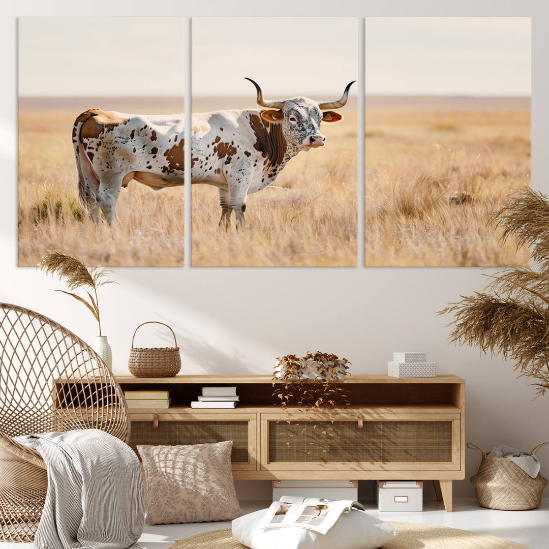 Texas Cow Longhorn Wall Art Canvas Print for Farm House Wall Decor, Farmhouse Wall Art Print