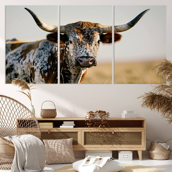 Texas Cow Longhorn Wall Art Canvas Print for Farm House Wall Decor, Farmhouse Wall Art Print