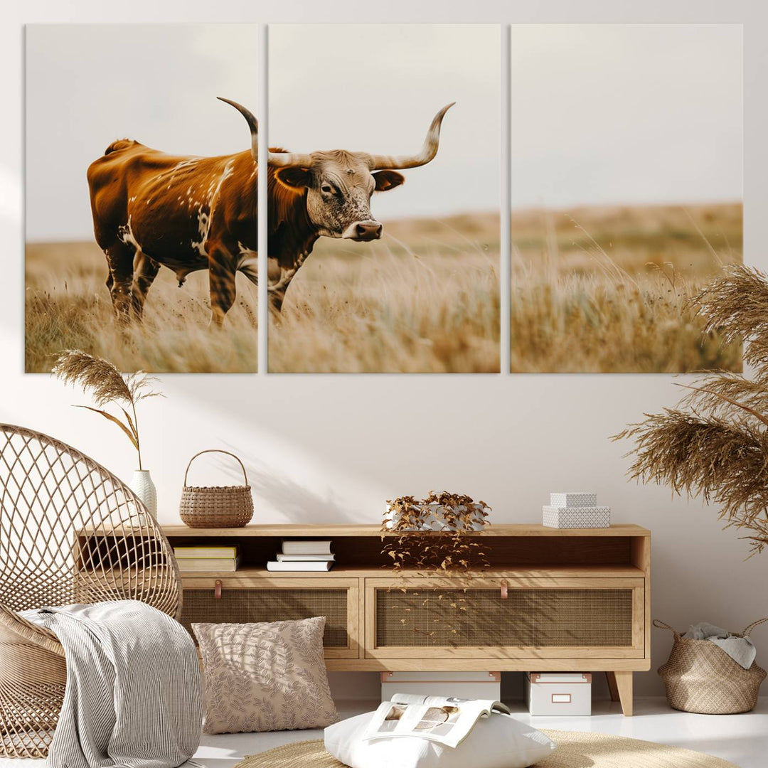 Texas Cow Longhorn Wall Art Canvas Print for Farm House Wall Decor, Farmhouse Wall Art Print