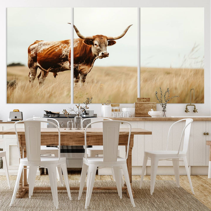 Texas Cow Longhorn Wall Art Canvas Print for Farm House Wall Decor, Farmhouse Wall Art Print