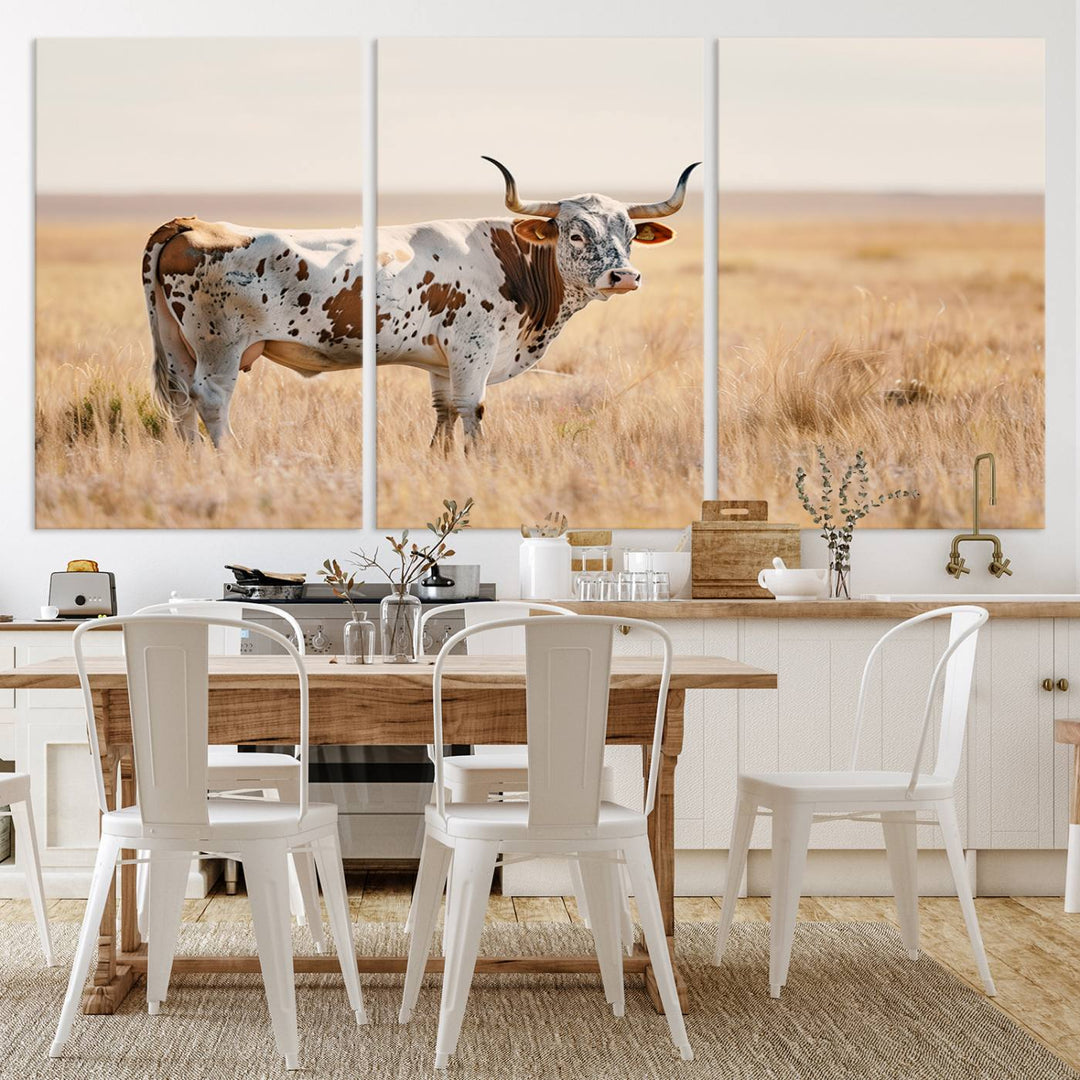 Texas Cow Longhorn Wall Art Canvas Print for Farm House Wall Decor, Farmhouse Wall Art Print