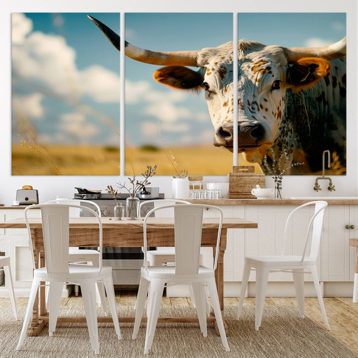 Texas Cow Longhorn Wall Art Canvas Print for Farm House Wall Decor, Farmhouse Wall Art Print