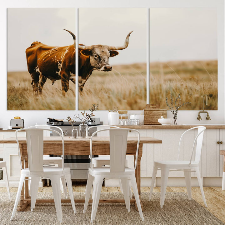 Texas Cow Longhorn Wall Art Canvas Print for Farm House Wall Decor, Farmhouse Wall Art Print