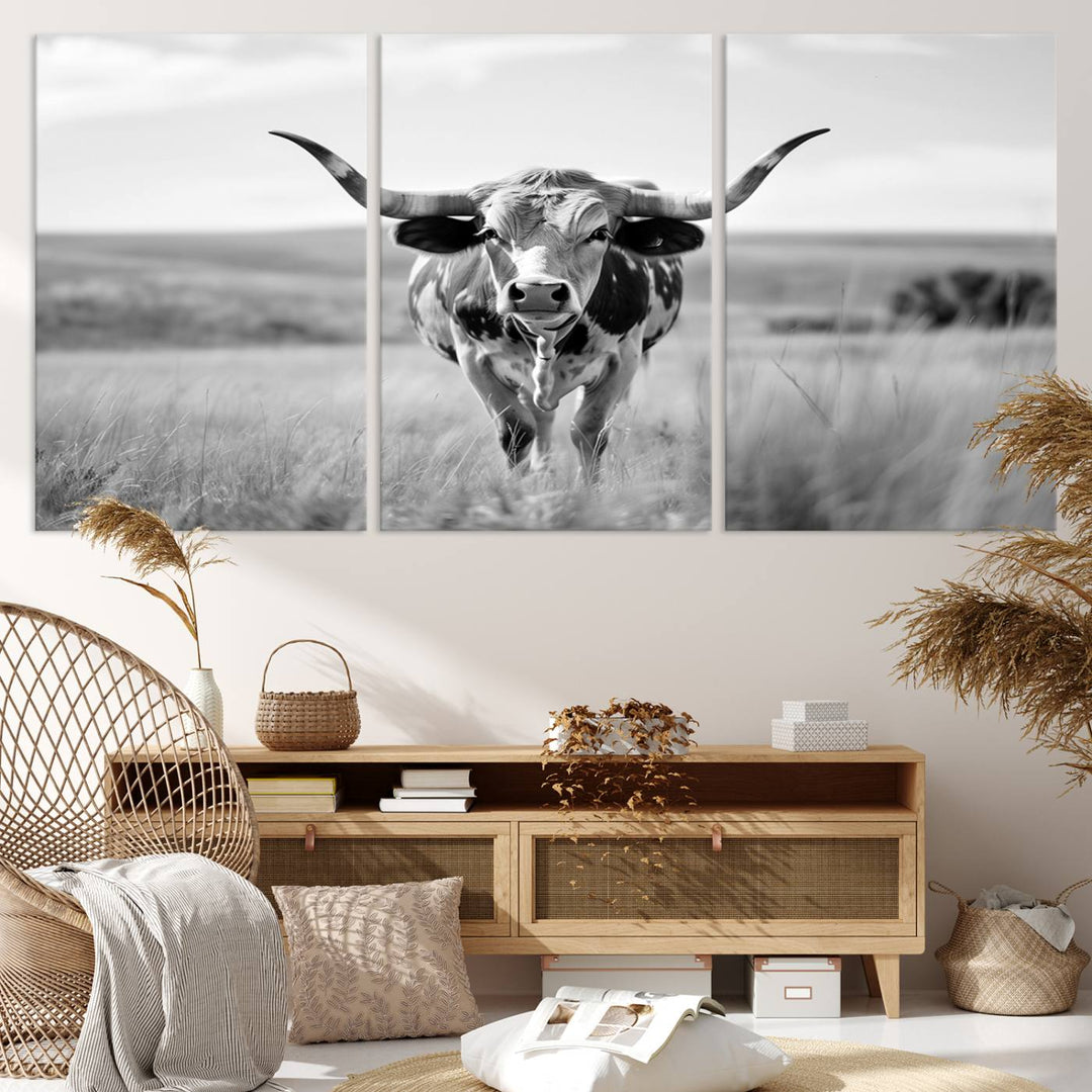 Texas Cow Longhorn Wall Art Canvas Print for Farm House Wall Decor, Farmhouse Wall Art Print