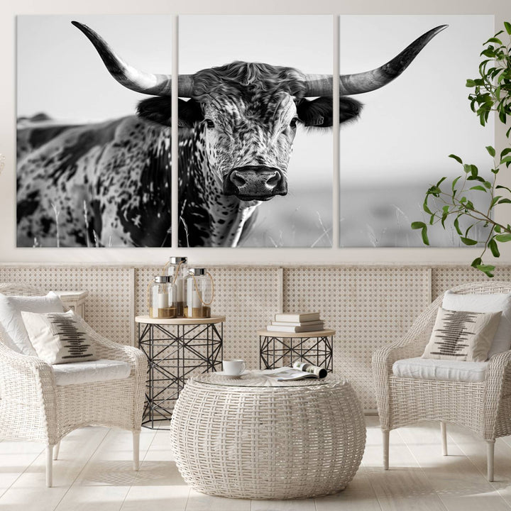 Texas Cow Longhorn Wall Art Canvas Print for Farm House Wall Decor, Farmhouse Wall Art Print